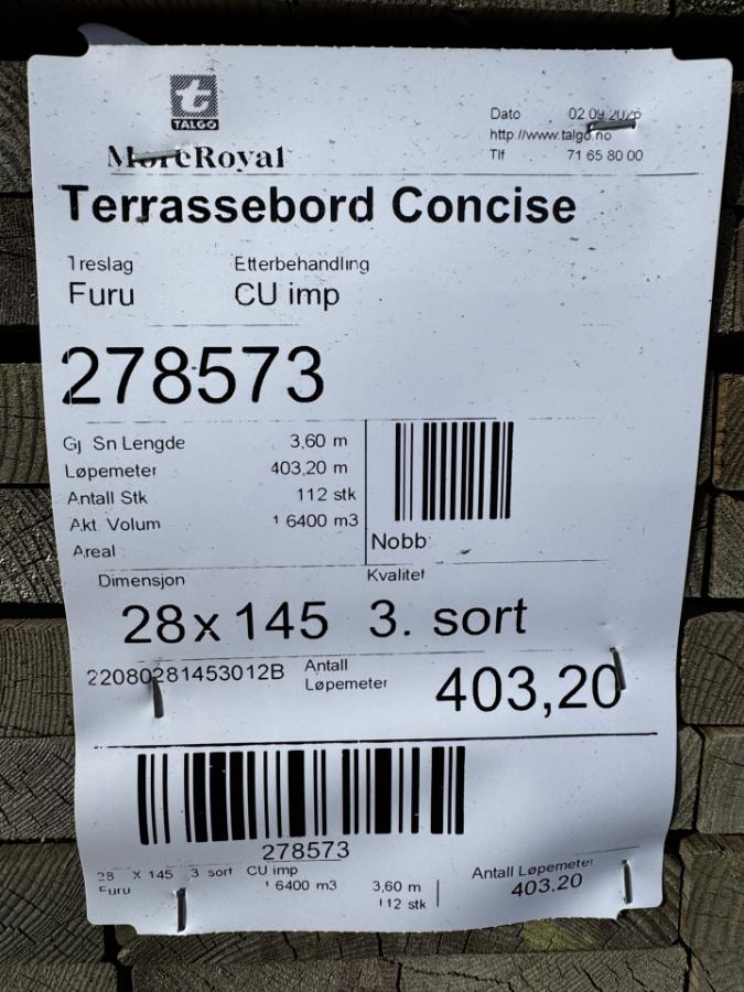 Terrassebord Concise - CU impregnert - Furu 28x145 - 1 pakke - Totalt 403 meter
