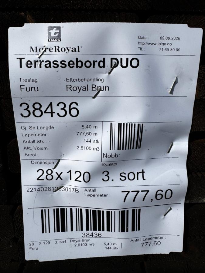 Royal Impregnert - Terrassebord DUO med riller - Royal Brun - Furu 28x120 - 1 pakke - Totalt 777 meter