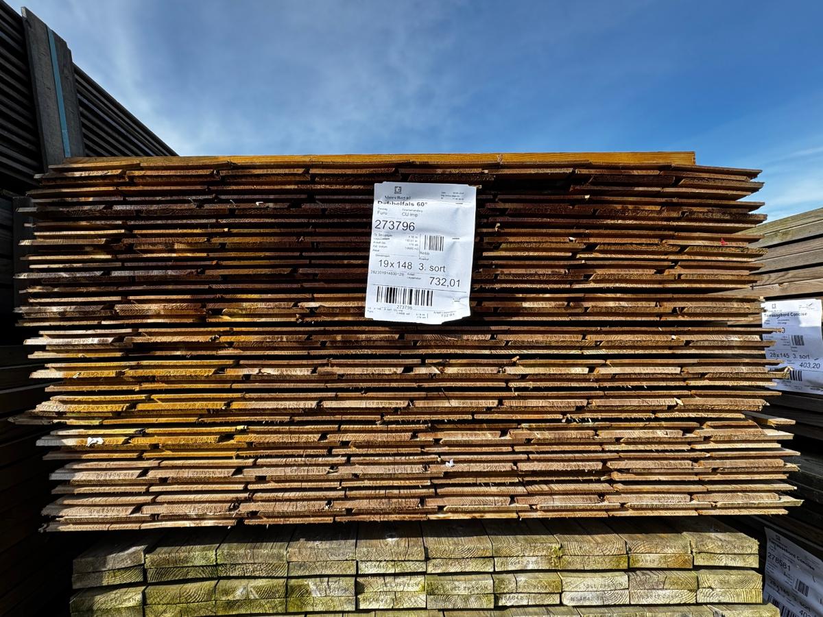 CU impregnert Dobbelfals bordkledning - 60 grader - Endepløyd - Furu 19x148 - Totalt 732 meter