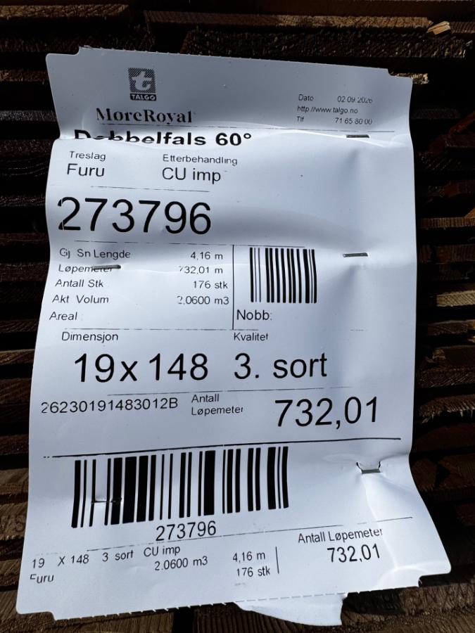 CU impregnert Dobbelfals bordkledning - 60 grader - Endepløyd - Furu 19x148 - Totalt 732 meter