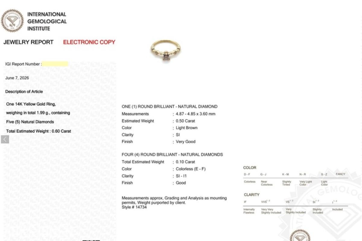 0.60CT DIAMANTRING I 14K GULL. NATURLIGE DIAMANTER! TAKSTBREV OG SERTIFIKAT!