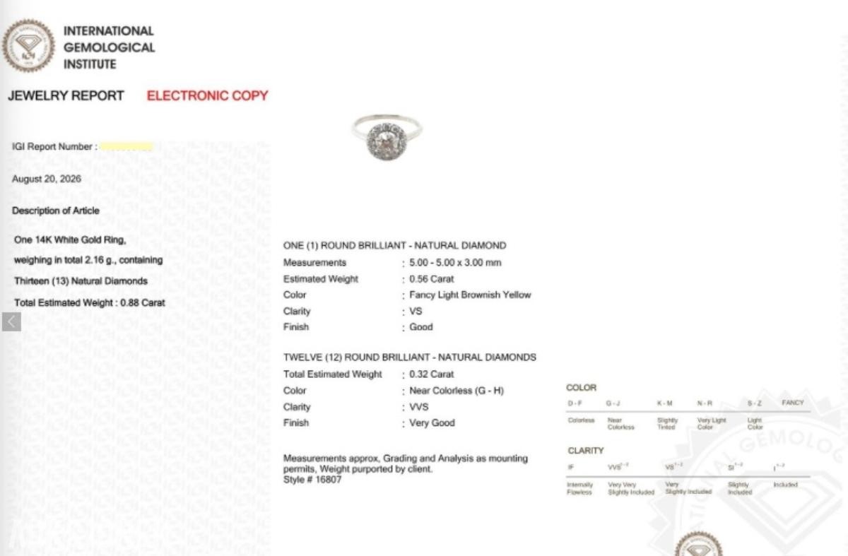 0.88CT DIAMANTRING I 14K GULL. NATURLIGE DIAMANTER! TAKSTBREV OG SERTIFIKAT!
