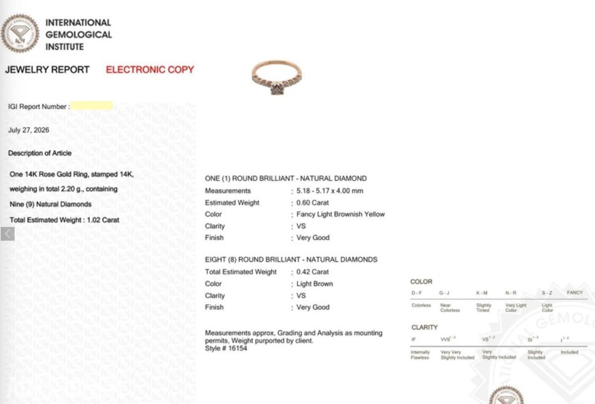1.02CT DIAMANTRING I 14K GULL. NATURLIGE DIAMANTER! TAKSTBREV OG SERTIFIKAT!