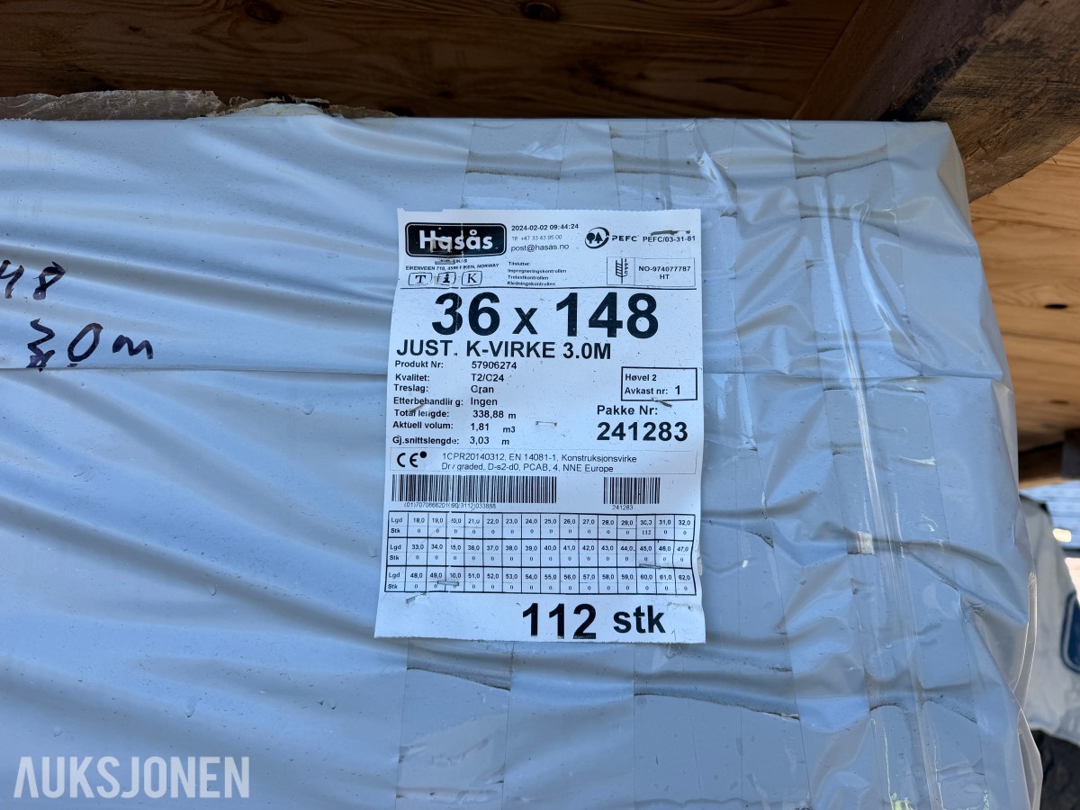 112 STK. KONSTRUKSJONSVIRKE 36 X 148 MM C24 – 338 LM