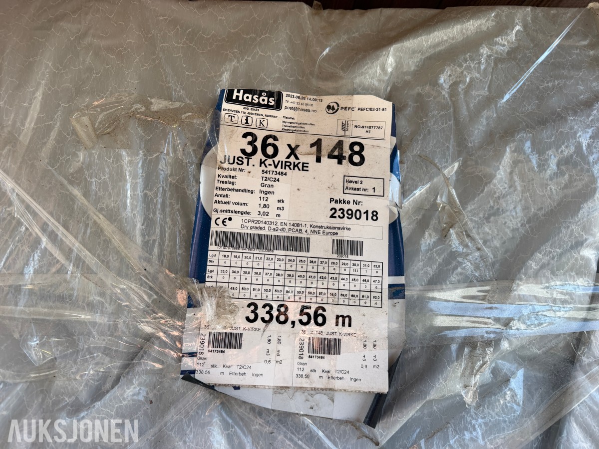 112 STK. KONSTRUKSJONSVIRKE 36 X 148 MM C24 – 338,56 LM