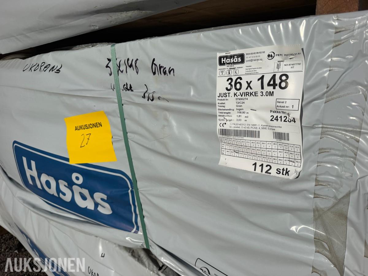 112 STK. KONSTRUKSJONSVIRKE 36 X 148 MM C24 – 338,80 LM