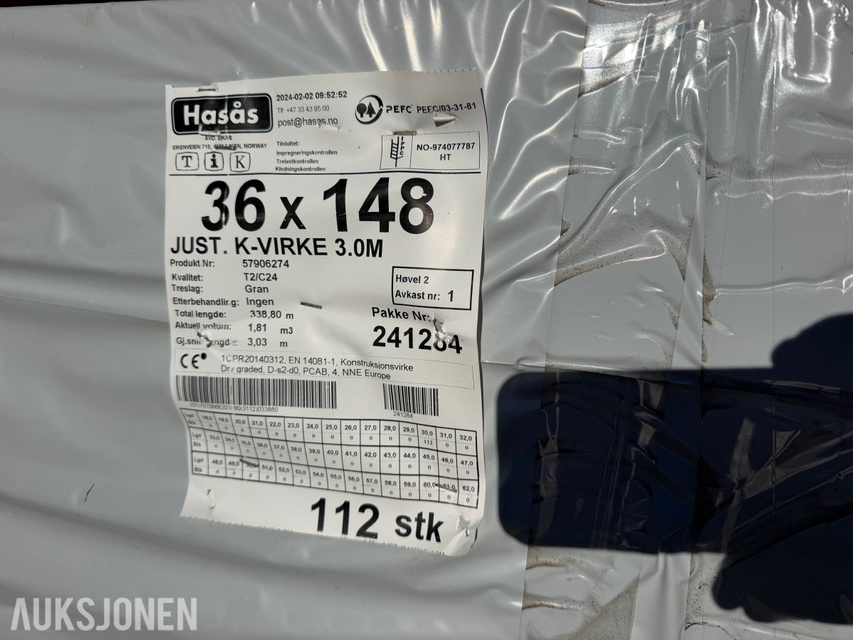 112 STK. KONSTRUKSJONSVIRKE 36 X 148 MM C24 – 338,80 LM