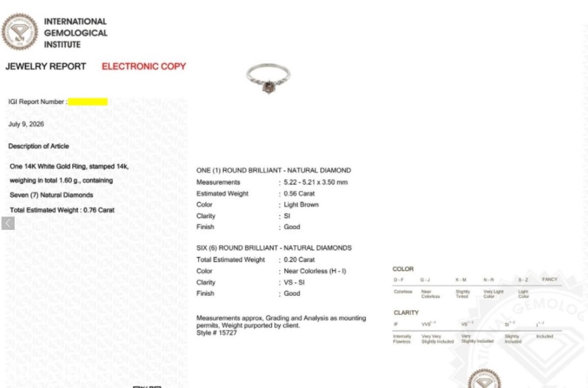 0.76CT DIAMANTRING I 14K GULL. NATURLIGE DIAMANTER! TAKSTBREV OG SERTIFIKAT!