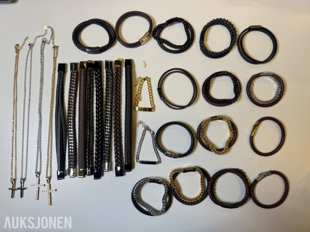 Stort parti ca 200 stk armbånd, halskjeder og smykkedeler