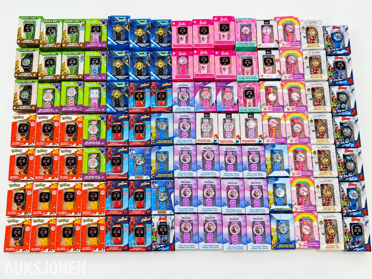 Stort parti barneklokker – Pokémon, Frozen, Spider-Man, Minecraft, Barbie