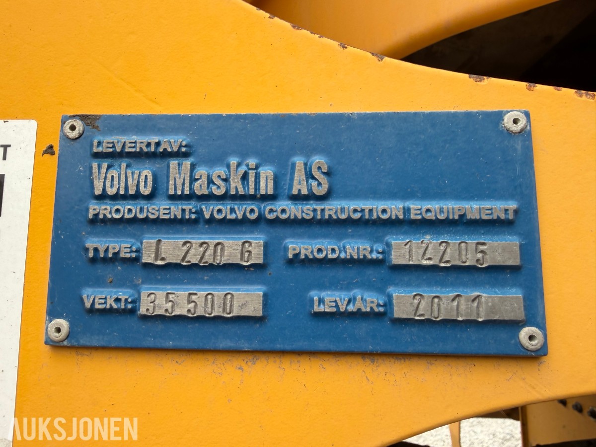 2011 mod. Volvo L220G Hjullaster. Sertifisert, Vekt m/skriver ++