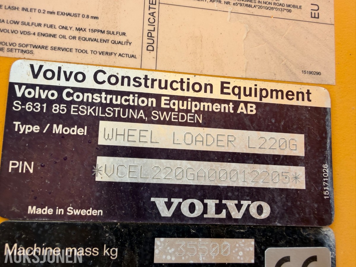 2011 mod. Volvo L220G Hjullaster. Sertifisert, Vekt m/skriver ++