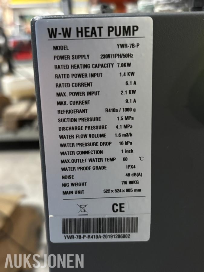 W-W Heat Pump YWR-7B-P vann-vann varmepumpe / vannbåren varme – 7 kW