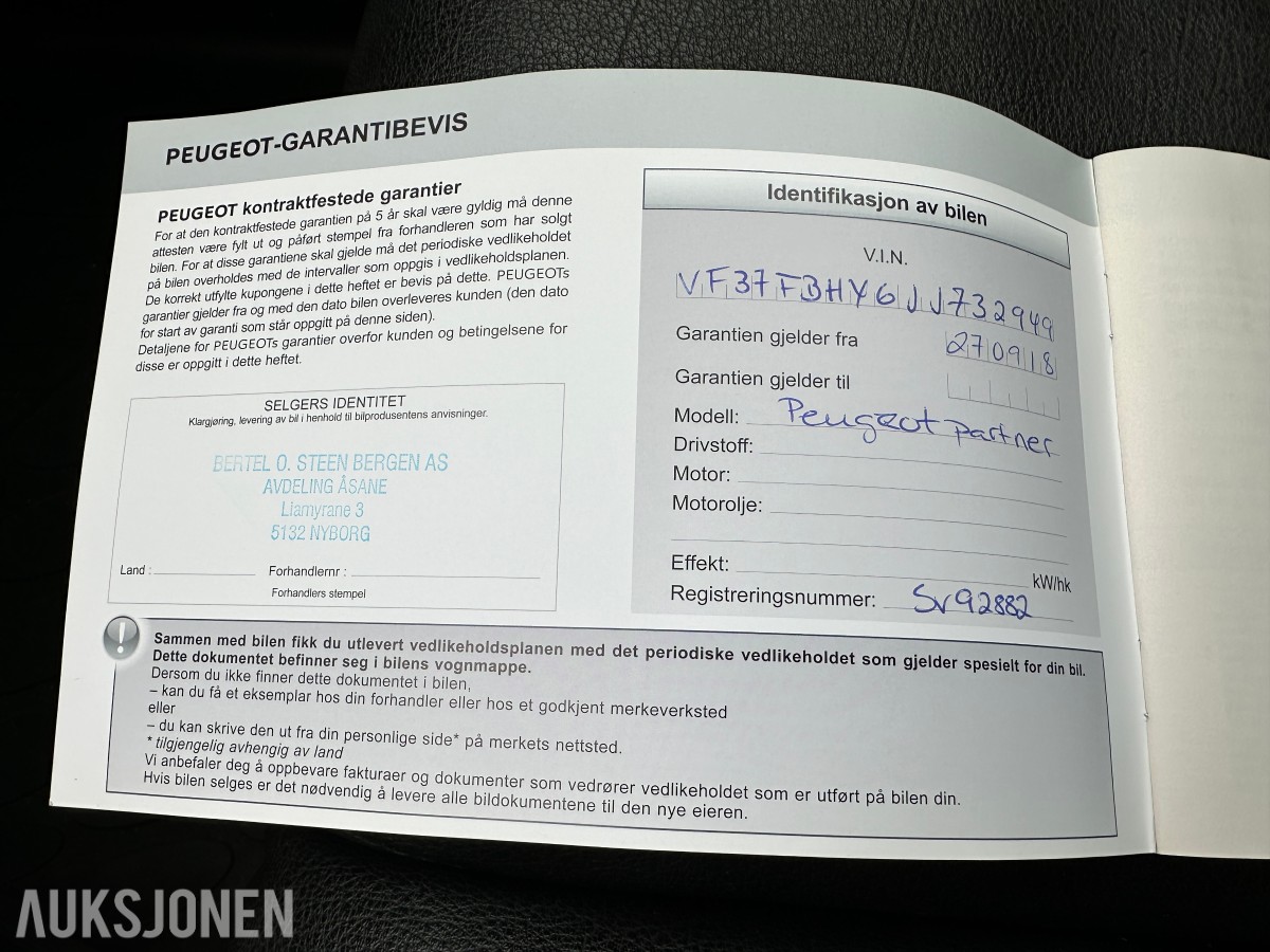 2018 Peugeot PARTNER 1.6-99 D | Hengerfeste | Innredning - Rep objekt, 175808km