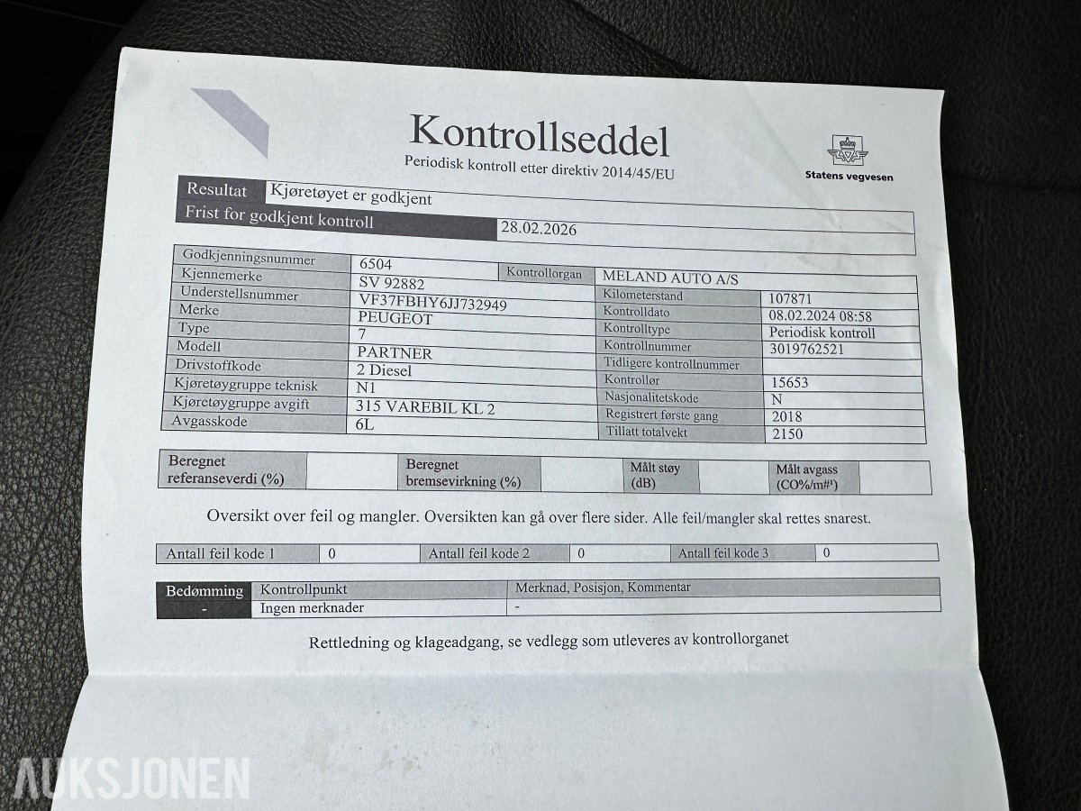 2018 Peugeot PARTNER 1.6-99 D | Hengerfeste | Innredning - Rep objekt, 175808km