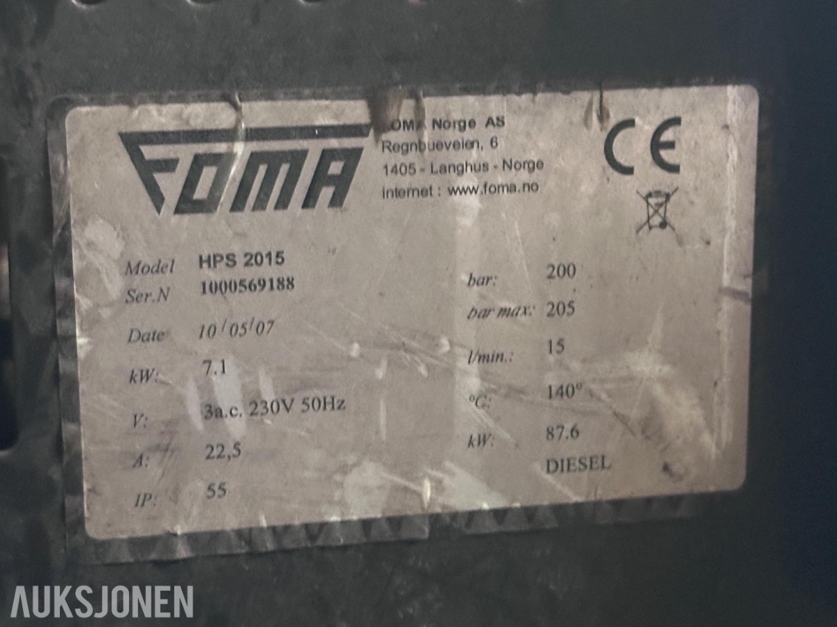 2007 Tysse tilhenger med overbygg, Foma høytrykksspyler og SDMO aggregat