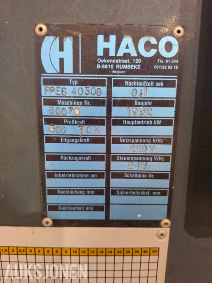 1992 HACO PPES 40300 KANTPRESSE MED EKSTRA KNIV – 300 TONN