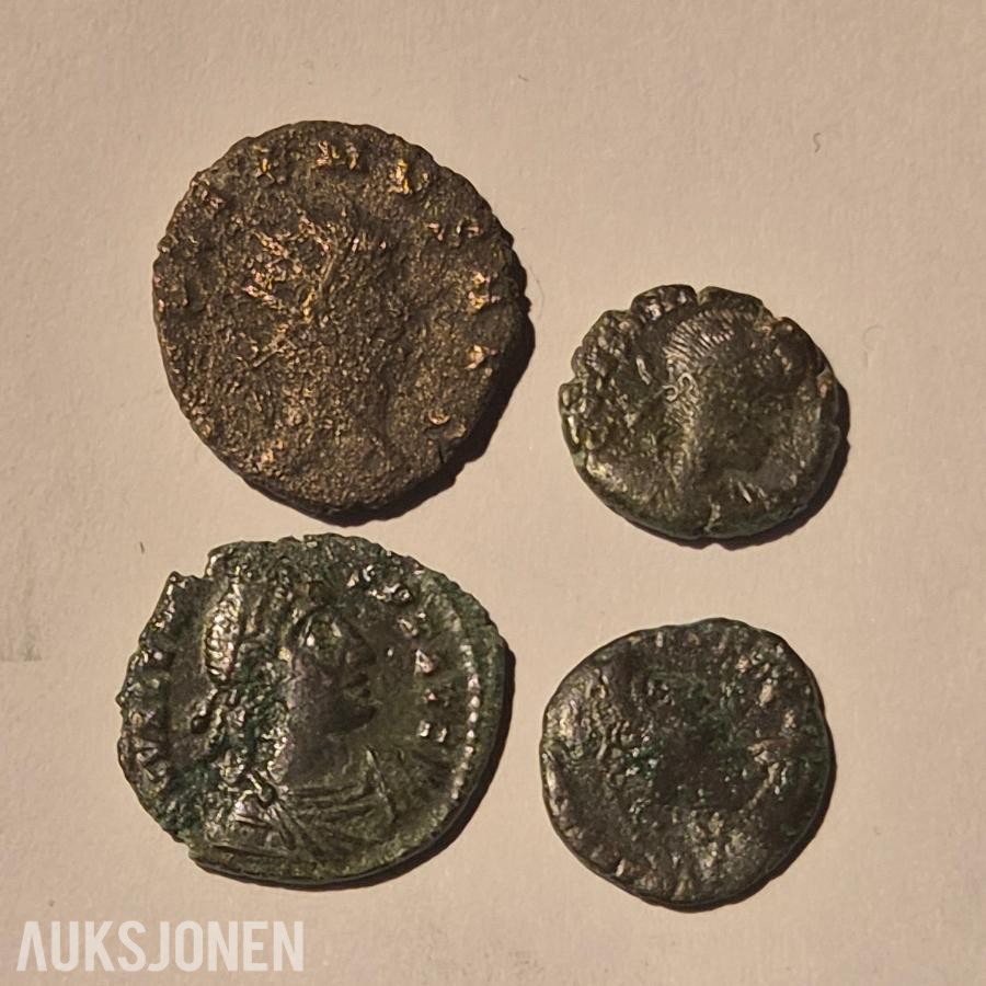 Romerske mynter, 4 stk, Ca 1700 år gammle