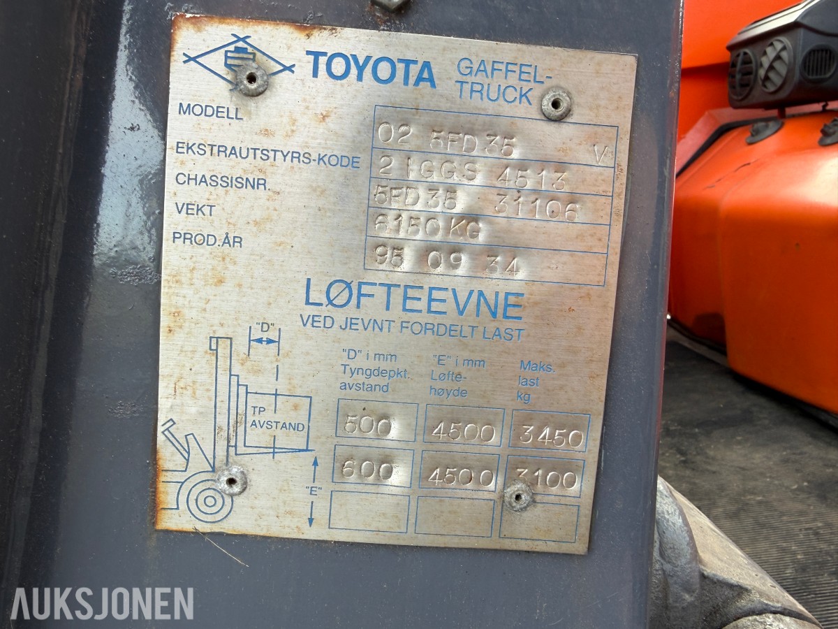 TOYOTA 4,5 TONNS GAFFELTRUCK – 450 CM LØFTEHØYDE