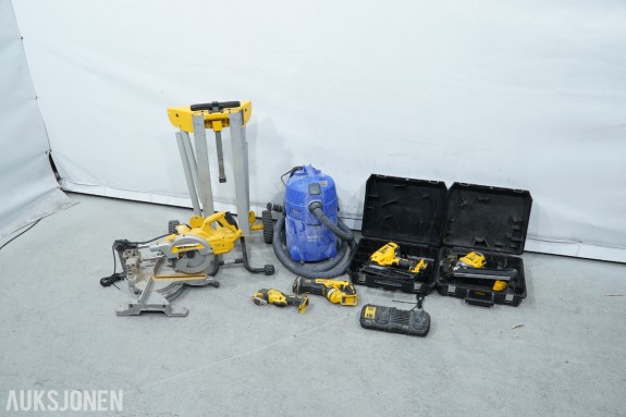 DeWalt verktøypakke med spikerpistoler, kapp-/gjærsag, sager, multiverktøy og støvsuger