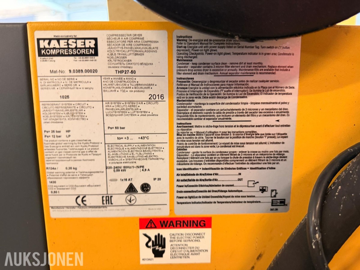 2016 Kaeser THP27-50 trykklufttørker, Aquamat CF38