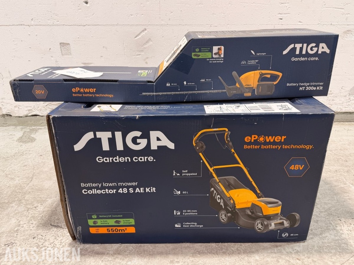 Stiga elektrisk gressklipper og hekksaks med batterier og ladere