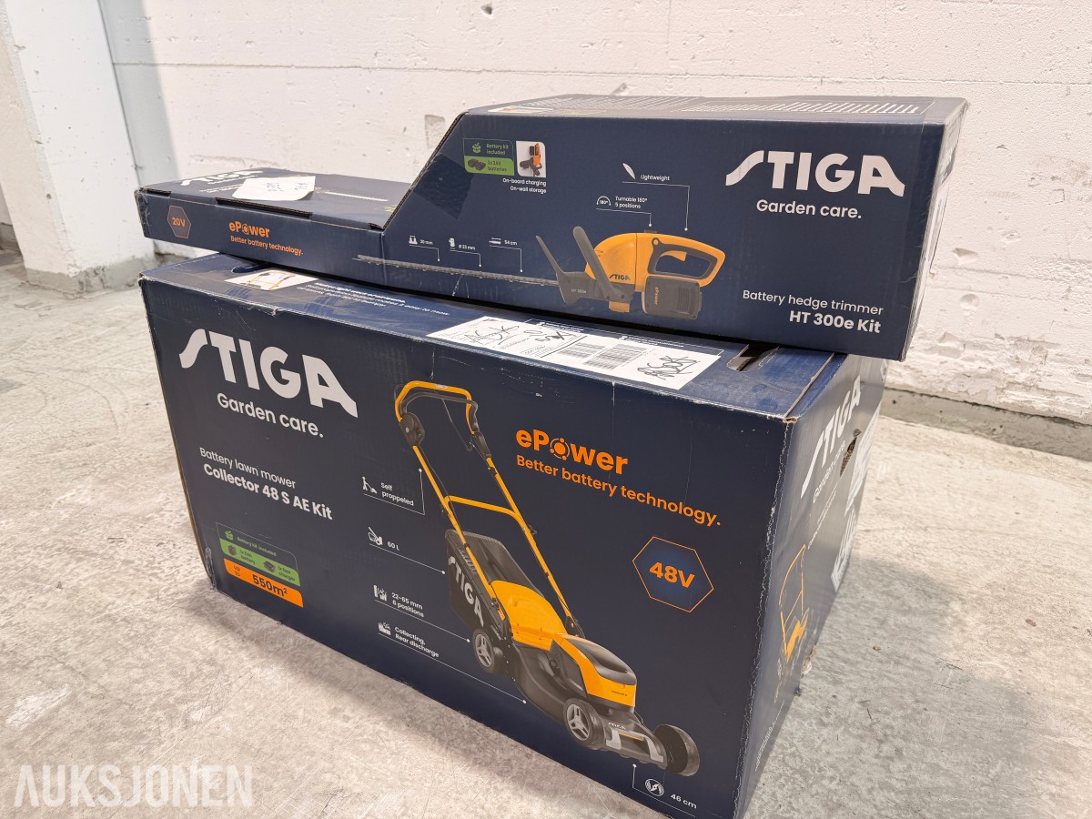 Stiga elektrisk gressklipper og hekksaks med batterier og ladere