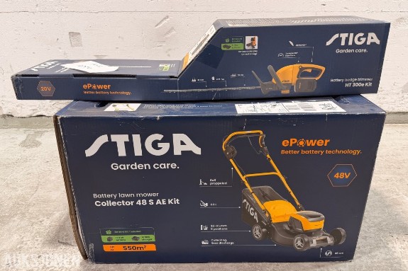 Stiga elektrisk gressklipper og hekksaks med batterier og ladere