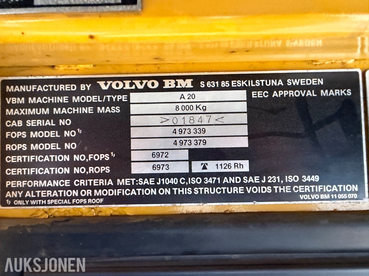 1988 mod. Volvo A20 dumper. 6x6, Sertifisert