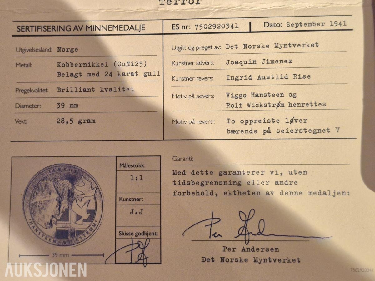 Alt for Norge 1940-1945 Gullbelagte minnemedaljer