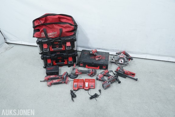 Parti Milwaukee M18 batteriverktøy - 8 maskiner, batterier, ladere 