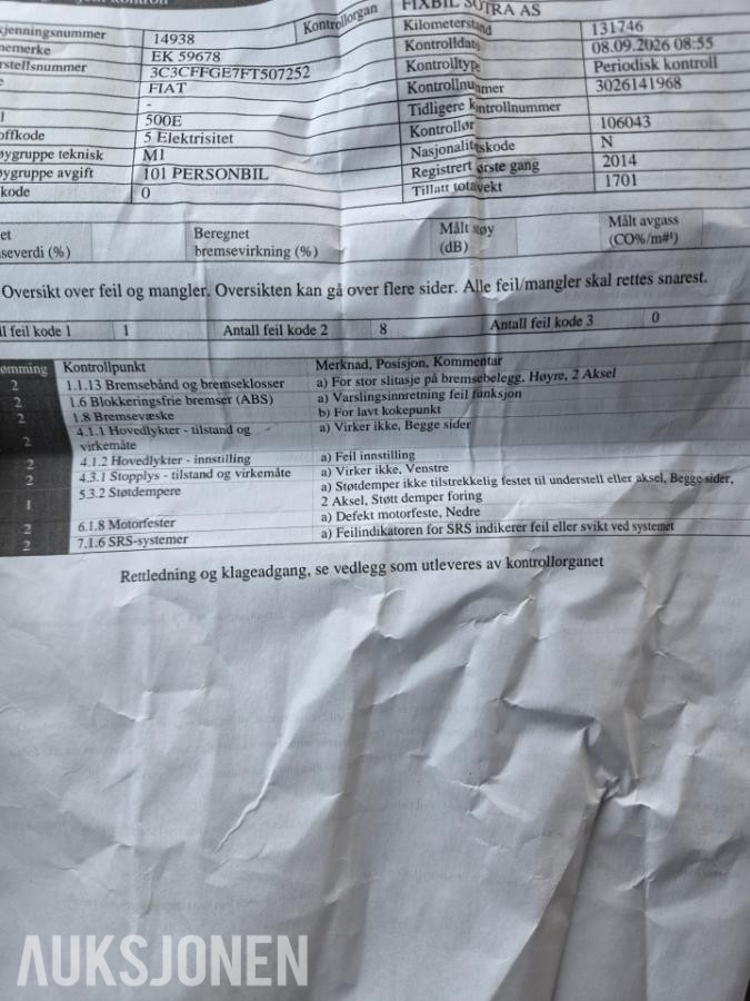2014 Fiat 500 LADER IKKE - PÅKOSTET - MANGELLAPP