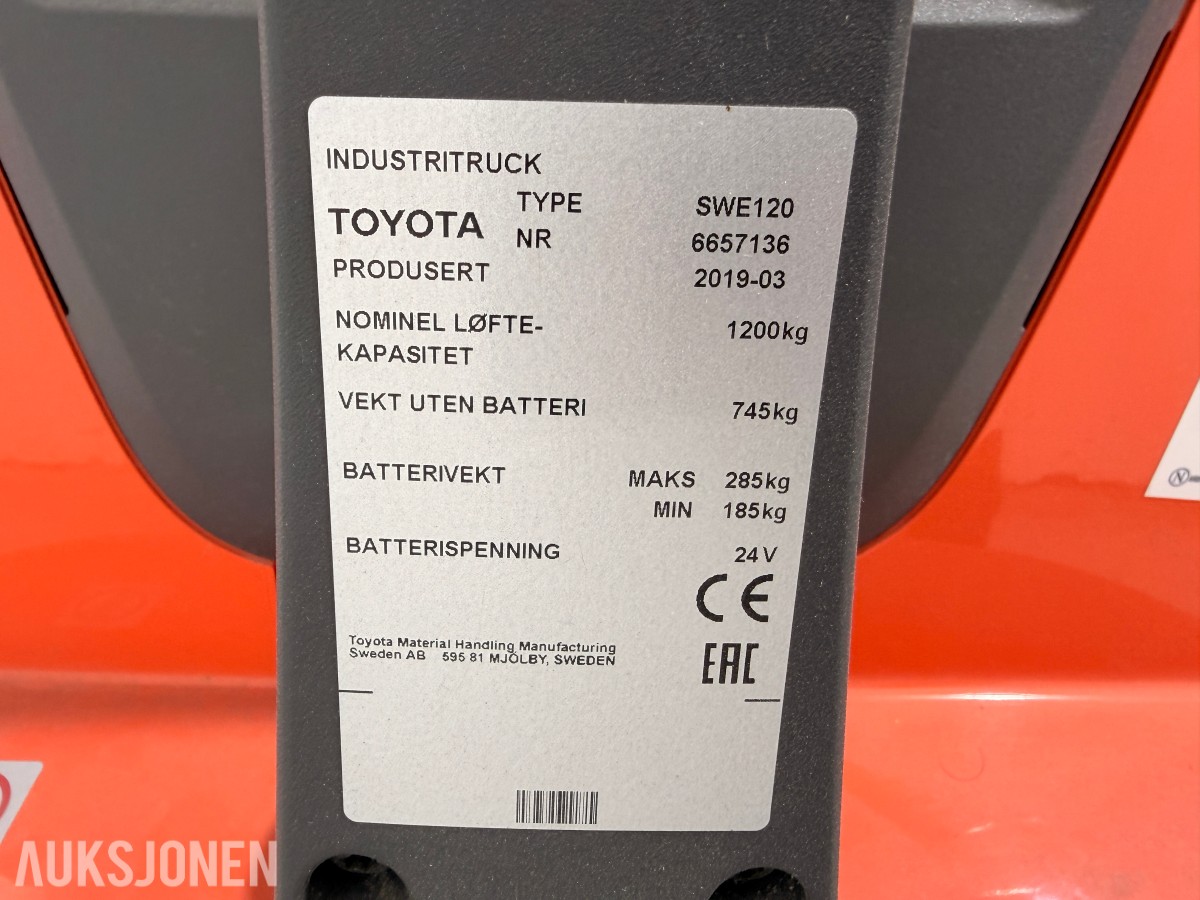 2019 Toyota SWE120 elektrisk stabler 1 200 kg / 3,3 m