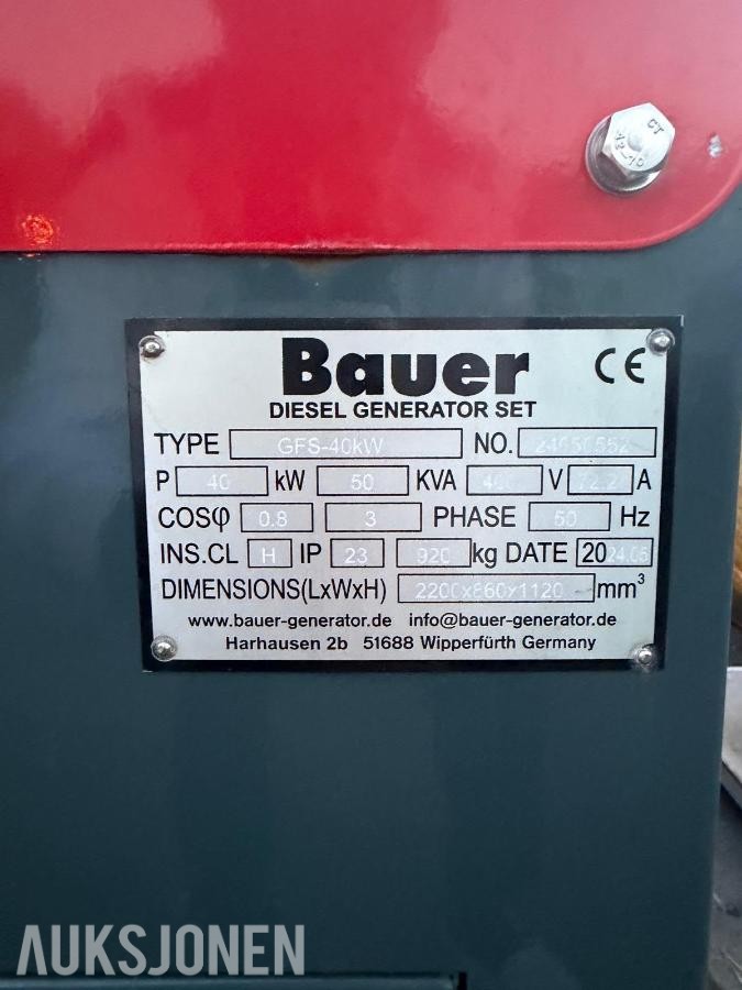 2024 Bauer GFS-40 dieselaggregat – 40 kW / 50 kVA