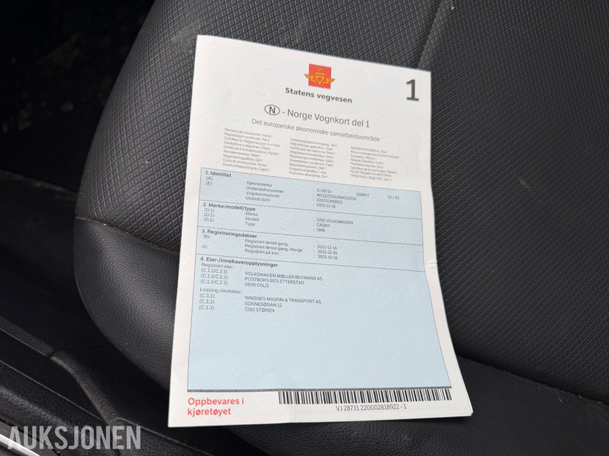 2021 VOLKSWAGEN CADDY 2.0 TDI - HENGERFESTE - TAKSTATIV