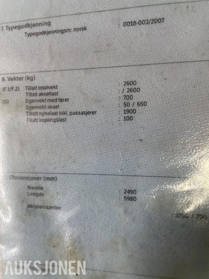 2011 Tysse biltralle 2600 kg totalvekt - 1900 nyttelast 