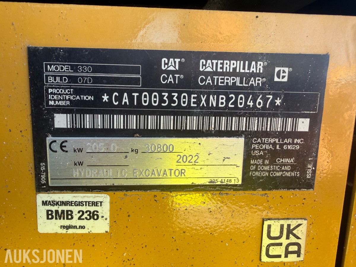 2022 Cat 330 beltegraver med graveskuffe – 1 294 timer