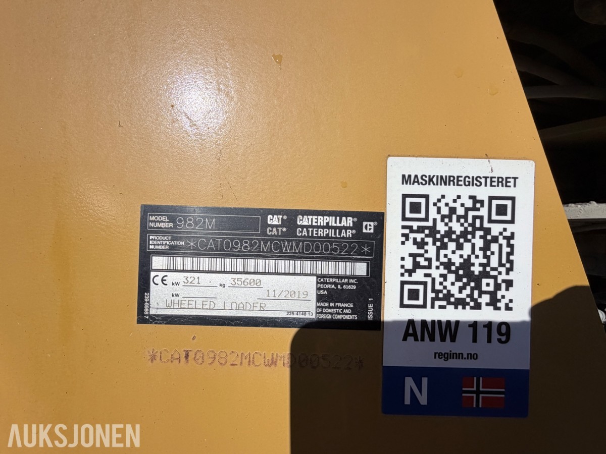 2019 Cat 982M hjullaster med skuffe 7,8 m³