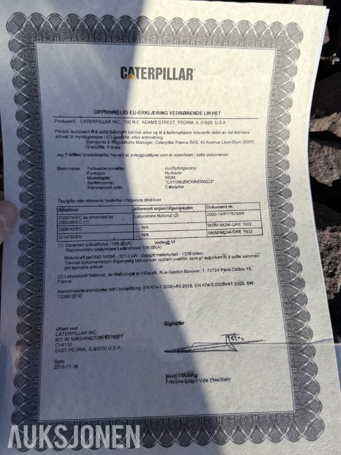 2019 Cat 982M hjullaster med skuffe 7,8 m³