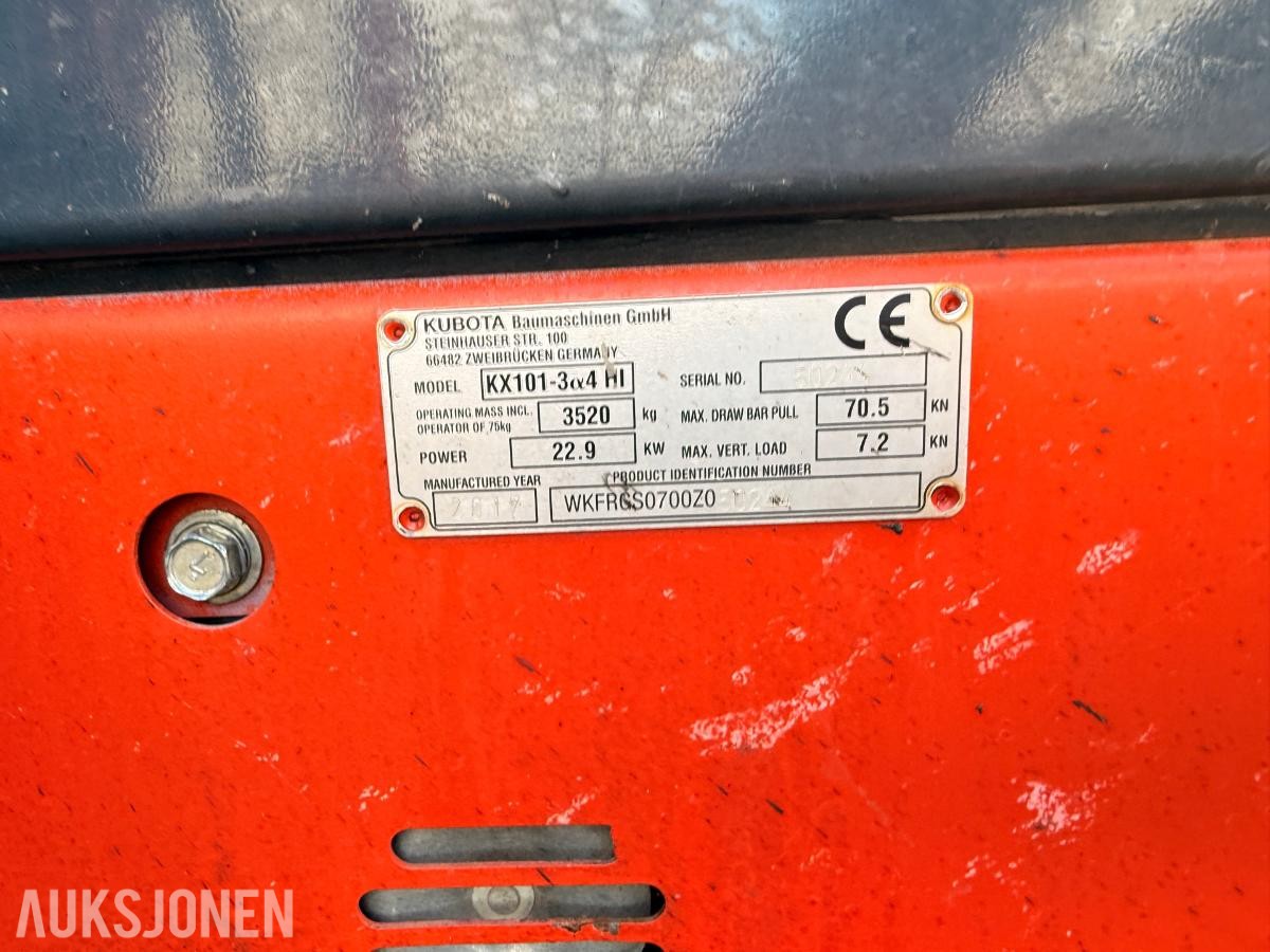 2017 Kubota KX101-3, Minigraver 3520kg, 4600 timer. Godt vedlikeholdt!