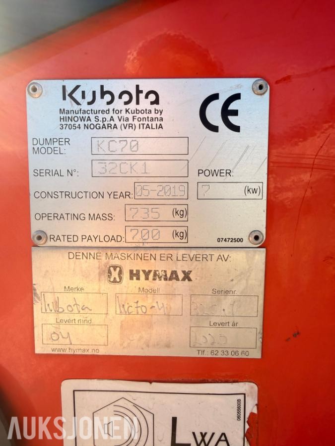 2019 Kubota KC70VSL-4 , 936 timer Selvlastende minidumper