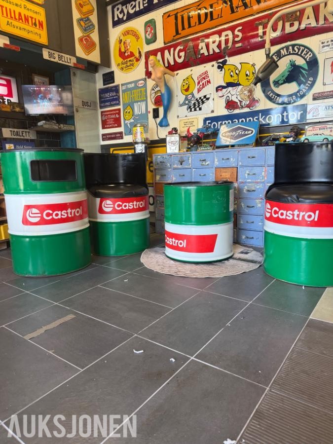 Tøffe Castrol tønne stoler,bord og søppletønne oljefat