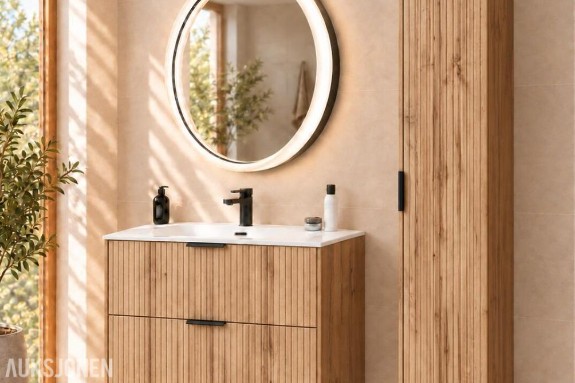 MØBELPAKKE ADEL OAK 80 MED LED-SPEIL, GUN METAL-ARMATUR OG HØYSKAP ADEL OAK 80