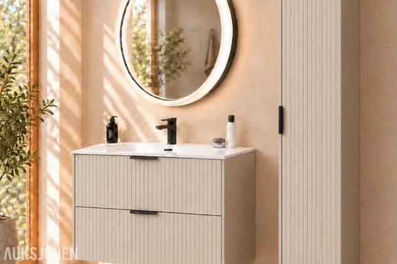 MØBELPAKKE ADEL CASHMERE 80 MED LED-SPEIL, GUN METAL-ARMATUR OG HØYSKAP  ADEL CASHMERE