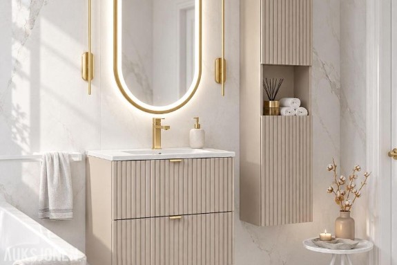 MØBELPAKKE NOVA CASHMERE 60 MED LED-SPEIL, GULLARMATUR OG HØYSKAP NOVA CASHMERE