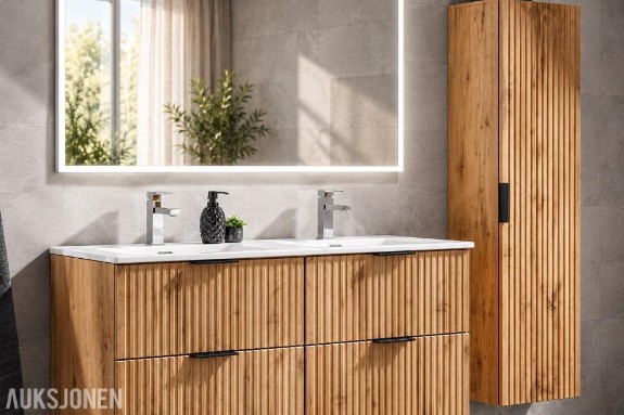 MØBELPAKKE ADEL OAK 120 MED DOBBELSERVANT, LED-SPEIL OG KROMARMATUR ADEL OAK