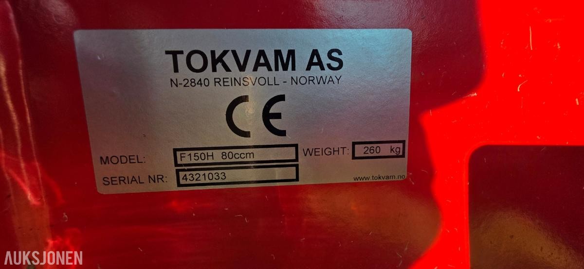 Tokvam F150H snøfres, 260 kg, hydr. tilkobling, sms hk feste