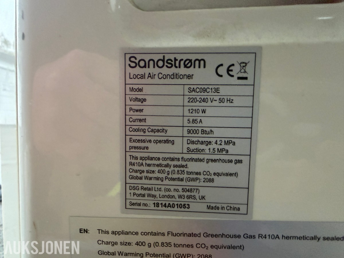 Sandstrøm portabel aircondition – 9000 BTU