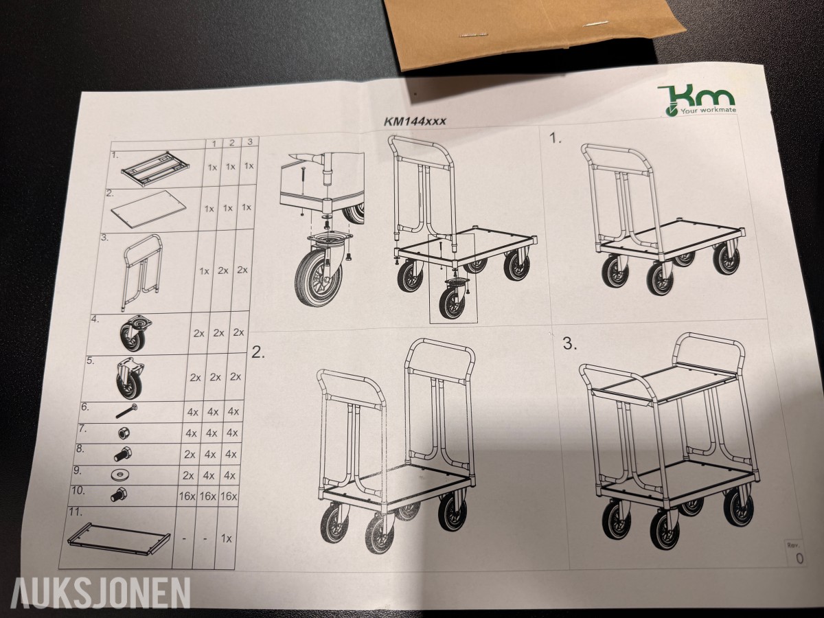 Kongamek plattformvogn med hjul og skyvehåndtak