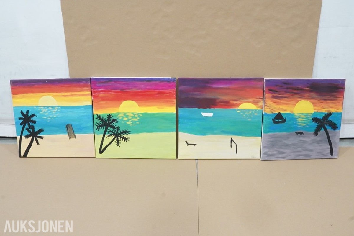 4 stk kunstverk på lerret med strand og solnedgangsmotiv